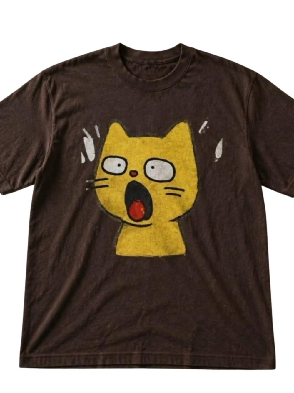 Brown Tee with Yellow Surprised Cat Graphic